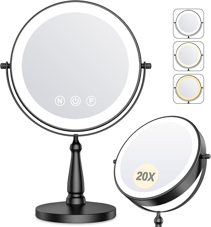 Makeup Mirror with Lights, 20X Magnifying Mirror with Light and 3 Colors, 9" Vanity Mirror with Lights and Adjustable Brightness, 2-Sided Tabletop Mirrors with 360° Rotation, Black Desk Mirrors