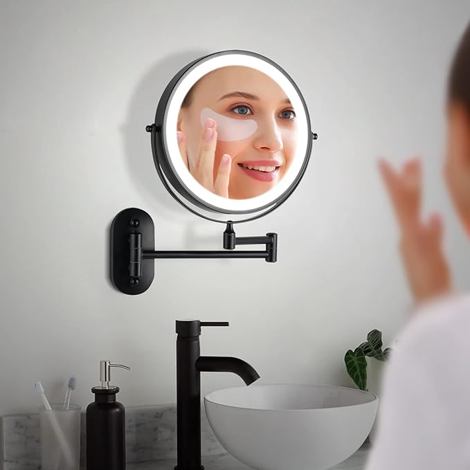 Rechargeable Wall Mounted Makeup Mirror, 8.5 inch Double-Sided 1/10x Magnifying Bathroom Mirror with 3 Color Lights, Lighted Vanity Mirror with 2-Touch Screen Dimming & Luminance Memory