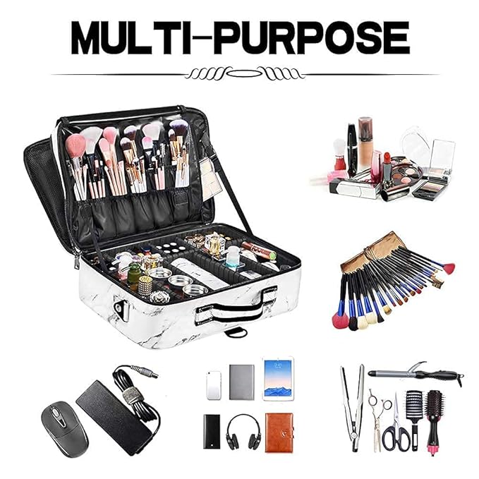 gzcz PU Leather Travel Makeup Case 16.2" Large Cosmetic Bag Organizer Professional Train Case with Adjustable Dividers and Shoulder Strap for Brushes Toiletry Jewelry Digital Accessories