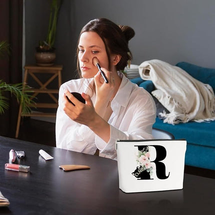 Floral Cat Initial Makeup Bag, Personalized Skin Care Bag, Travel Organizer Toiletry Bags for Women Mom Friends, Cosmetic Bags Makeup Pouch with Zipper, Letter R