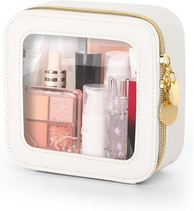 Mini Makeup Bag, Small Makeup Bag for Purse, Waterproof Clear Makeup bag, Leather Cosmetic Bag, Square Make Up Bag Pouch, Toiletry Bag for Travel, Car and Women, Beige