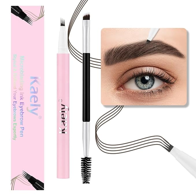 evpct 1Pcs Black Brown Magic Microblading Eyebrow Contouring Pen Brow Pencil, with 4 Brush Micro-Fork-Tips Precise Applicator, Dual-ended Eyebrow Brush, Hair Like Strokes, Natural Looking Brows