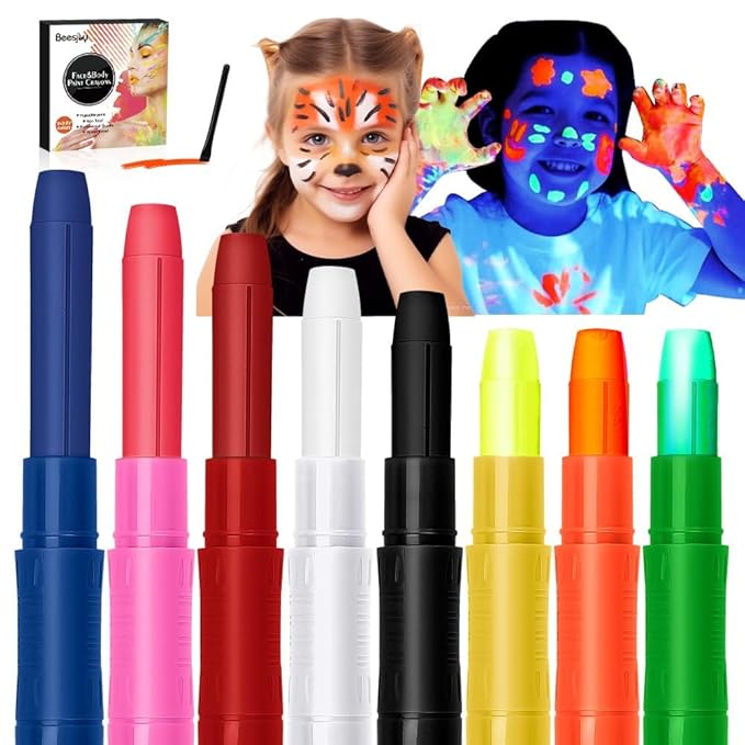 8 Color Face Painting Kits for Kids, Beesjuy Water Based Face Paint Kit, Makeup Kit Plant Ingredients Face Crayons, Painting Party for Adults&Kids (3 Neon)