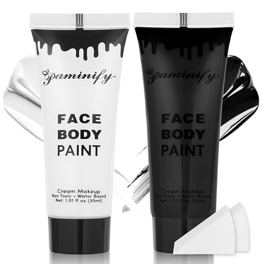 Black White Face Body Paint 1.01 oz/pc with 2 Sponges,Water Based Cream Face Paint for Clown Zombie Vampire Skeleton Cosplay Makeup,Halloween SFX Makeup Face Painting Kit,2.02 oz