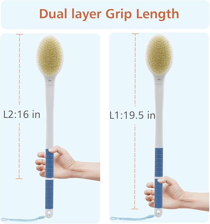 Shower Brush with Soft and Stiff Bristles,20.5" Extra Long Handle Dual-Sided Back Scrubber Bath Brush Body Exfoliator for Wet or Dry Brushing (Grey)(Super Long Handle)