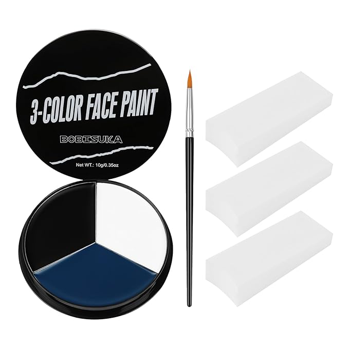 White Black Blue Face Paint + 3PC Sponge + Brush Body Paint Set, Eye Black for Baseball Softball Sport Games, Face Painting Kit for Halloween Makeup, Cosplay, Costume, SFX Makeup, Theme Parties