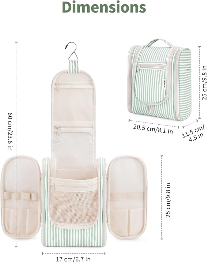 Narwey Small Striped Hanging Travel Toiletry Bag for Women, Travel Bag for Toiletries, Makeup Bag Organizer Cosmetic Bags Make Up Bags for Women (Mint Green Stripe)