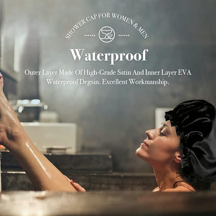 WhaleLife Shower Cap - Black Double-Layer Waterproof Reusable Satin-Lined for Women Men | Fits Thick Hair | Home Spa Travel 4 Pack