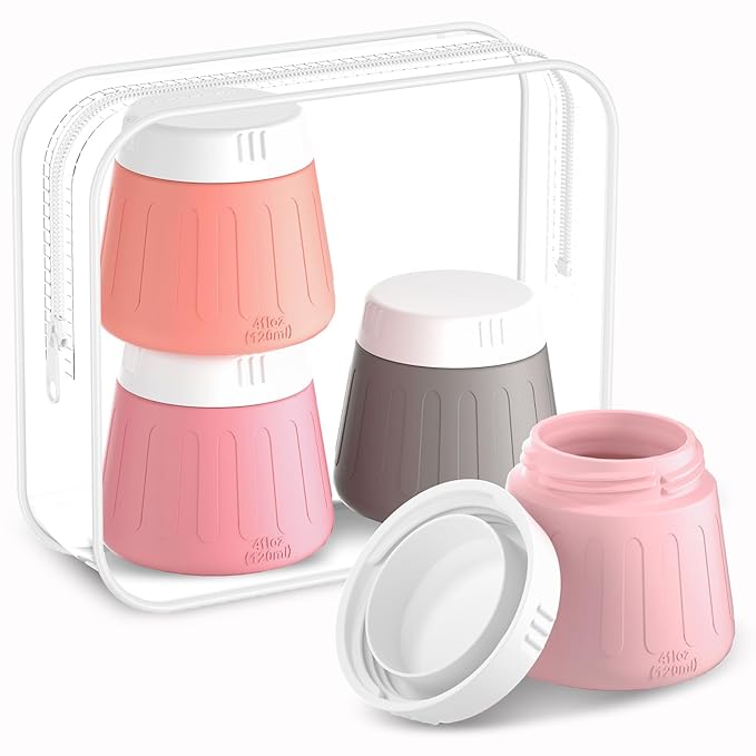 Gemice 4 OZ Travel Size Containers for Toiletries, Leak-Proof Silicone Slime Jars with Lids, BPA Free Small Round Cosmetic Slime Container for Lotion, Cream, Ointments, Travel Storage (4 Pack)
