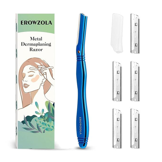 Eyebrow Razor for Women and Men, Face Razors for Women, Dermaplane Razor with Protective Silicone Cover, Reusable Metal Handle with 6 Refill Blades, Skin Care Tool - Blue