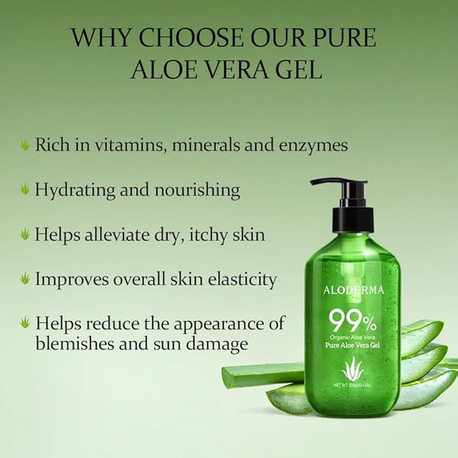 Aloderma 99% Organic Aloe Vera Gel Made within 12 Hours of Harvest - Lightweight, Non-Sticky Aloe Gel for Face Body, Hair, & Scalp, After Sun Relief, Natural, Soothing Hydrating Aloe Gel, 10.6oz