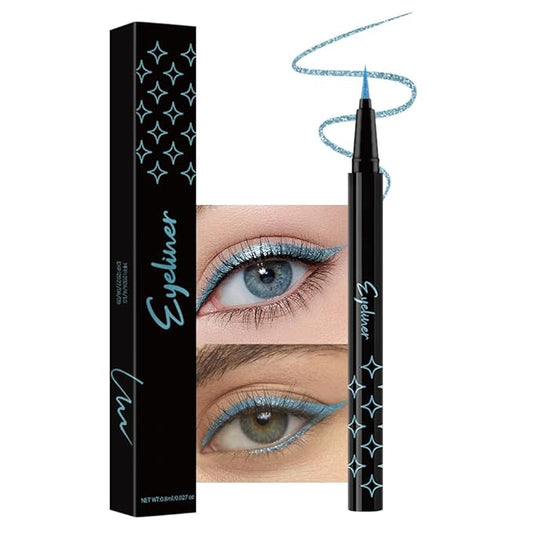 evpct 1Pcs Sky Blue Glitter Shimmer Liquid Eyeliner Eye Makeup Pencil Pen, Pearl Blue Chrome Eyes Liner Face Glitter Makeup Fake Eyelashes Mascara Accessories, Sparkle Metallic Eyeliner Pen Waterproof