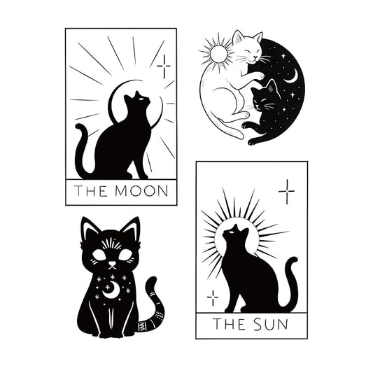 Mystical Black Cat Temporary Tattoos – 4 Unique Moon & Sun Designs, Mystical and Fantasy-Inspired, Realistic & Long-Lasting for Adults
