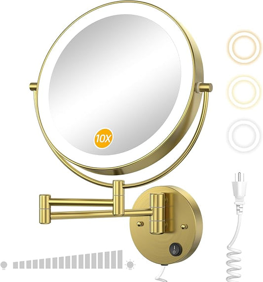 Gospire 9” Wall Mounted Lighted Magnifying Mirror, 1X/10X Magnification Double-Sided LED Bathroom Mirror, 3 Color Lights & Stepless Dimming with Touch Sensor, Extendable Arm 360° Swivel for Shaving