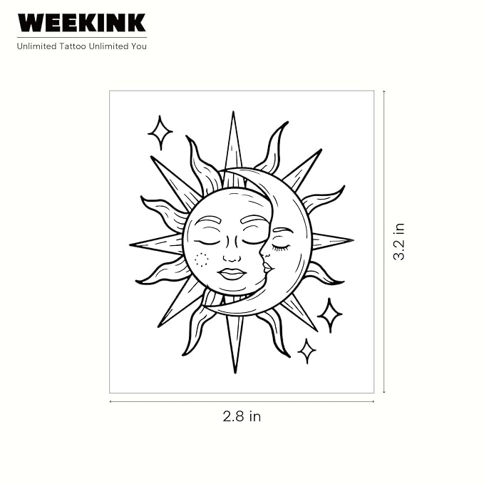 Sun & Moon Temporary Tattoo – Black & White Sketch, Elegant Celestial Design, Realistic, Waterproof & Long-Lasting for 2 Weeks, Ideal for Arm, Neck & Shoulders