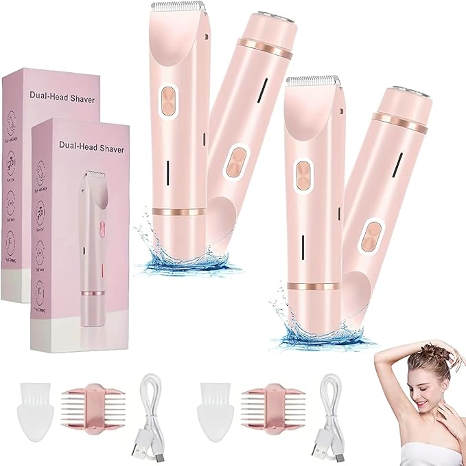 Electric Razor for Women, Rechargeable Hair Remover, Portable and Safe Lady Razor, 2 in 1 Double-Headed Waterproof Wet and Dry, Electric Bikini Trimmer for Women (Pink-2pcs)