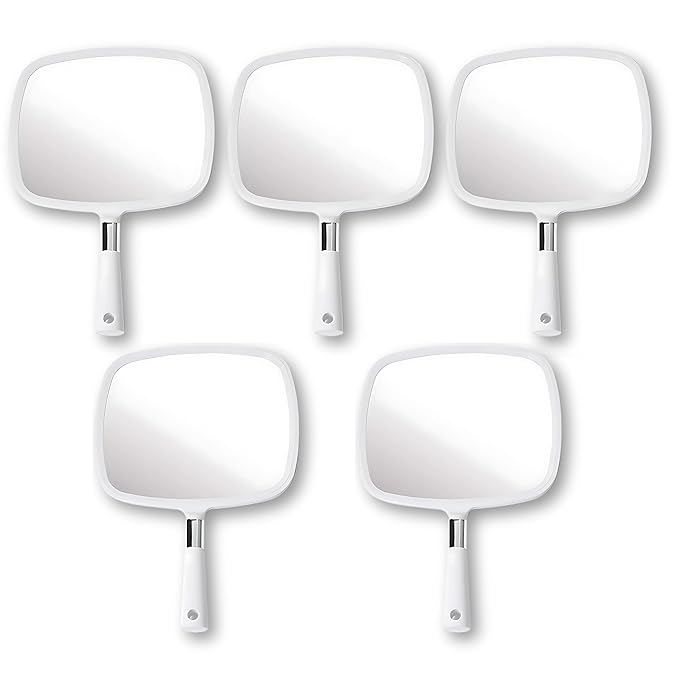MIRRORVANA Pack of 5 Large Handheld Mirror Set for Barbers & Salon Hairdressers - Perfect for Home, Travel, & Makeup Use with Long Comfy Handle and Distortion Free HD Reflection - 13" x 9" (White)
