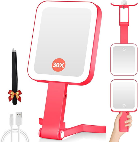 Magnifying Travel Mirror with Light, 30X/1X Double-Sided Magnifying Mirror with 3 Color Lights, Brightness Adjustable, Foldable Handheld Makeup Mirrors Portable for Travel and Desktop Use