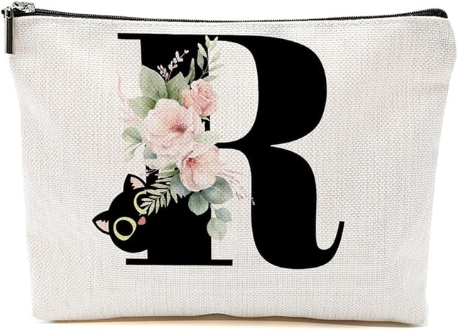 Floral Cat Initial Makeup Bag, Personalized Skin Care Bag, Travel Organizer Toiletry Bags for Women Mom Friends, Cosmetic Bags Makeup Pouch with Zipper, Letter R