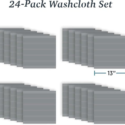 Welhome James 100% Cotton Textured Stripe Towels - 24 Pack Washcloths, Soft & Absorbent, Gray