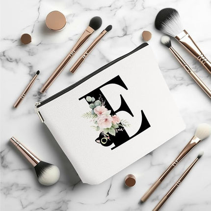Floral Cat Initial Makeup Bag, Personalized Skin Care Bag, Travel Organizer Toiletry Bags for Women Mom Friends, Cosmetic Bags Makeup Pouch with Zipper, Letter E