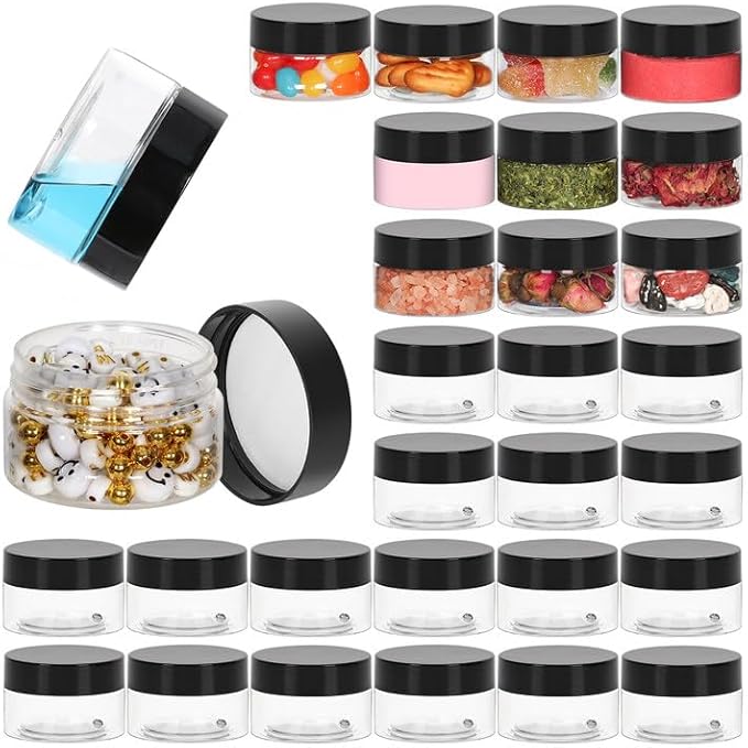 1oz Containers with Lids 28Pack, 1 oz Plastic Container with Lid- Clear Refillable Cosmetic Small Plastic Containers with Black Screw Lid for Liquid and Solid Products (1 oz, 28Pack)