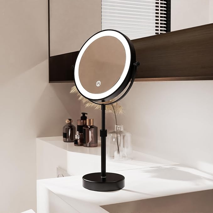 Nicesail LED Lighted Makeup Mirror Tabletop, 10X Magnifying Mirror with 3 Color Lights, Brightness Adjustable Height Adjustable, 15''~19'' Double Sided Touch Switch Desk Mirror, Black(8 Inch, 10X)