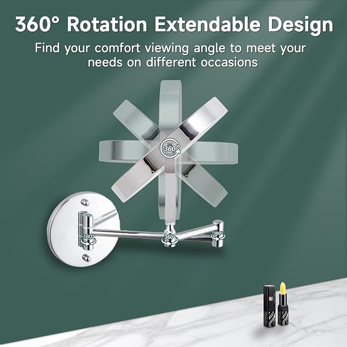 1X/10X Wall Mounted Lighted Makeup Mirror - 8" Dual-Sided Vanity Mirror with 3 Color Lights for Bathroom Bedroom Makeup Studio | 4000 mAh-USB Rechargeable | Touch Dimmable | Extended Arm 360° Rotation