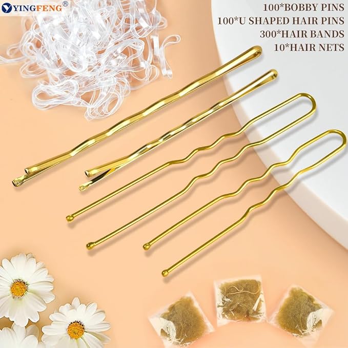 YINGFENG 510PCS Blonde Bobby Pins Hair Pins Kit with Hair Net, Includes 100 Bobby Pins for Women, 100 U Shaped Buns Hair Clips, 300 Hair Bands and 10 Blonde Hair Nets, Dance Competition Must Haves