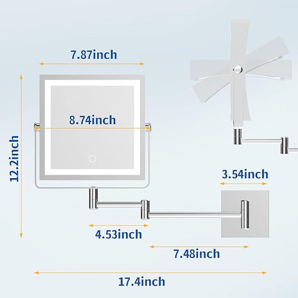 Ruacq Rechargeable Wall Mounted Makeup Mirror with Lights, Double Sided 1X/10X Magnifying Vanity Mirror with 3 Color Lighting, Touch Screen Dimmable, 360° Rotation Extension Foldable Arm(Chrome)