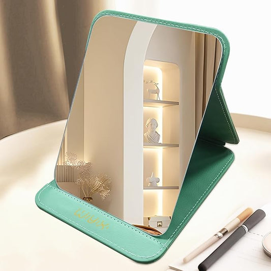 Foldable Travel Makeup Mirror, Adjustable Angle Portable Standing Vanity Mirror, Compact PU Leather Design for Home/Camping/Desktop Use, Fresh Green (8.4"x6")