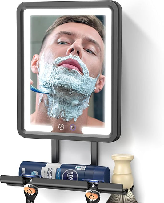 Lighted Shower Mirror Fogless for Shaving, Heated Fogless Shower Mirror with 3 Colors Stepless Dimmable Lights, Rechargeable Adjustable Shaving Mirror with Razor Stand, Brush Holder for Men