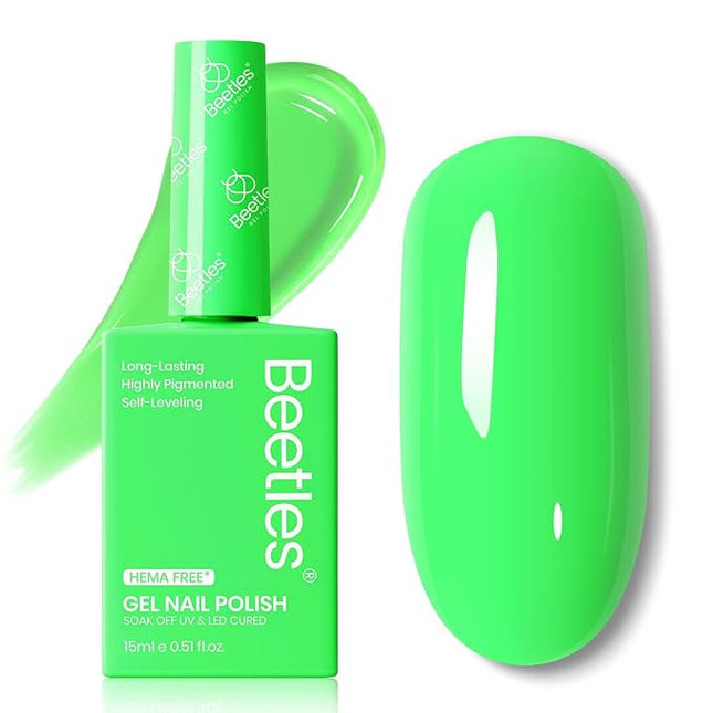 Beetles Green Gel Nail Polish, 15ML Hema Free Aurora Green Gel Polish Neon Green Color Nail Polish Soak Off UV Colorful Bottle Gel Nail Art Manicure Nails