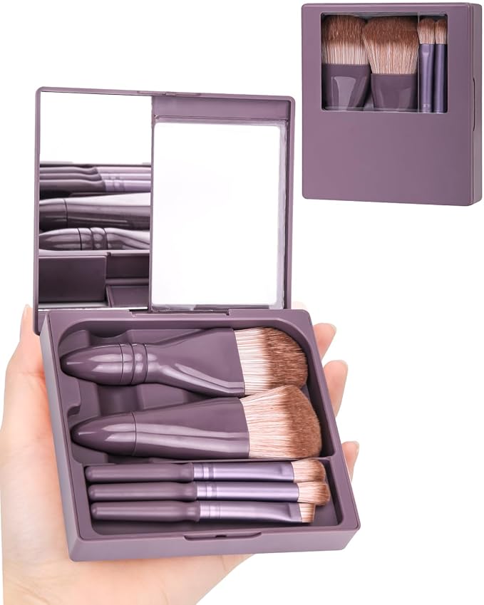 Travel Size Makeup Brushes Mini Set with Hard Case and Built-in Mirror, 5Pcs Small Cosmetic Brushes, On the Go Brush Travel Essentials kits for Women, Girls Gift (Dark Purple)
