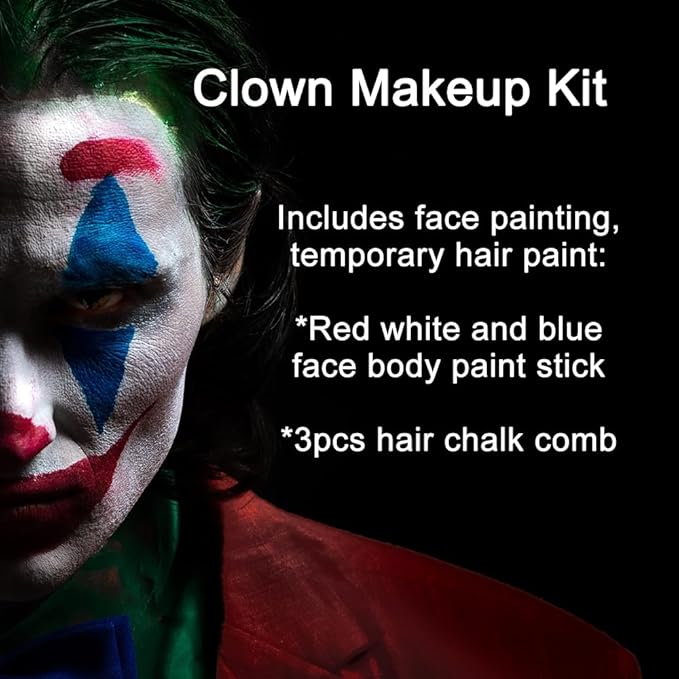 Mysense Clown Makeup Kit,Red White and Blue Face Body Paint Stick,Cream Facepaint and Green Temporary Hair Color Chalk for Halloween Costume Cosplay Party DIY