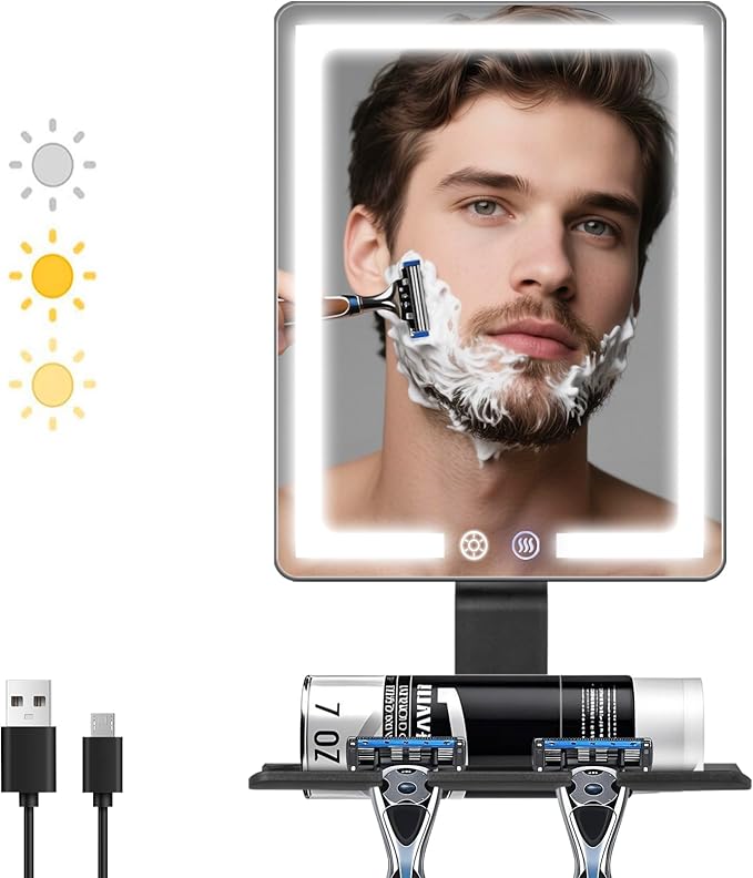 DESCHEN 2025 Updated Heated Shower Mirror Fogless for Shaving Men with 3 Color Lights, 5000mAh Rechargeable Anti Fog Shaving Mirror for Shower Fogless, 12.5×8" Borderless Mirror with Razor Holder