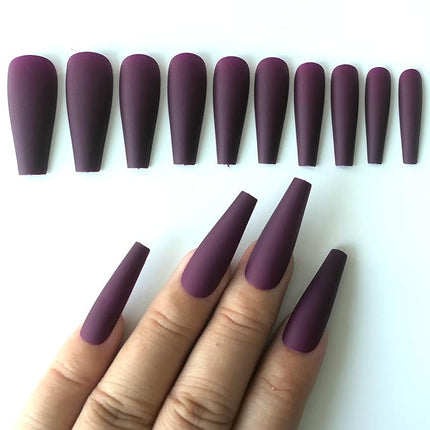 LoveOurHome 100pc Matte Coffin Press on Nails Long Ballerina Fake Nails Full Cover Colored False Artificial Fingernails Manicure Decor 10 Sizes for Women Teen Girls (Dark Magenta)