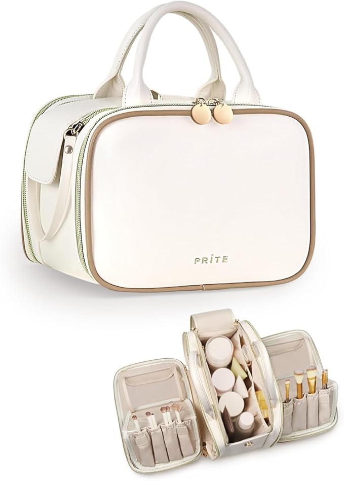 Prite Makeup Bag for Women, Large Capacity Waterproof Travel Cosmetic Organizer, Portable Open Flat Toiletry Bag with Free-standing Brush Holder and Handle(Beige Large)