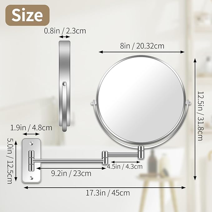 8” Wall Mounted Magnifying Makeup Mirror 1X/7X Wall Mount Mirror Swing Arm Two-Sided 360° Swivel Bathroom Shaving Mirror for Men and Women in Hotel/Home, Chrome