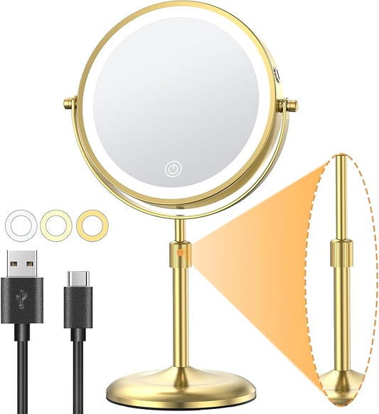 Gospire 7" Lighted Makeup Mirror with Magnification 10X/1X, Height Adjustable & 3 Color Dimmable Lights, 360° Swivel Double Sided Light up Rechargeable LED Cosmetic Vanity Cordless Standing Mirror