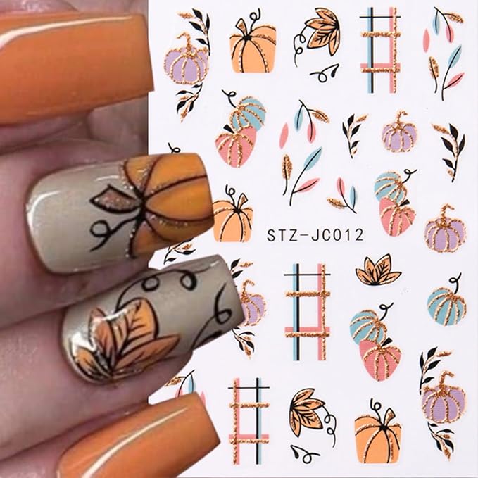 Fall Pumpkin Nail Art Stickers Decals 3D Maple Leaf Thanksgiving Day Nail Stickers Nail Art Supplies 6PCS Autumn Maple Leaves Nails Adhesive Decals Manicure Sliders for Women DIY Nail Decorations