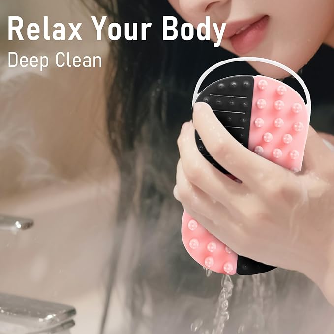 2 in 1 Silicone Body Hair Scrubber Upgraded Bristles Exfoliator Massage Shower Bathing Bath Women Brush Scrubbers for All Skin Body Wash (1pc Black + Pink)