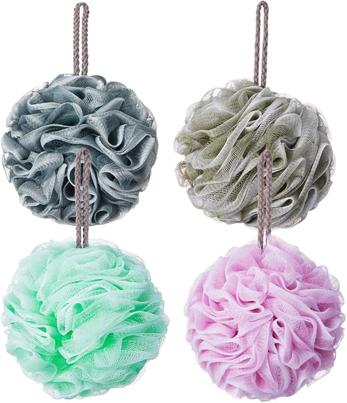 Loofah Bath Sponge, Novosun Mesh Pouf Shower Sponge Soft Exfoliating Shower Luffas for Silky Skin Pack of 4 Pastel Colors, XL (80g/pcs)