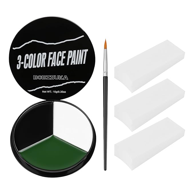 BOBISUKA White Black Green Face Paint + 3PC Sponge + Brush Body Paint Set, Colored Eye Black for Baseball Softball Sport Games, Zombie, Monster Face Painting Kit for Halloween, Cosplay, Costume, SFX Special Effect and Theme Parties