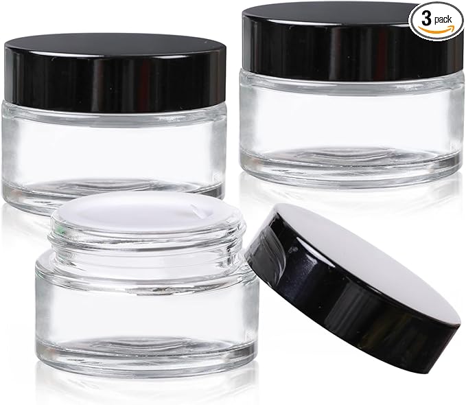 1 oz Glass Jars with Lids,3 Pack Clear Small Glass Cosmetic Jars with Lids,60 ml Empty Glass Makeup Containers for Sample, Cream, Lotion,Powder (1 OZ, Clear)