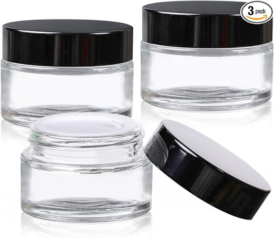 1 oz Glass Jars with Lids,3 Pack Clear Small Glass Cosmetic Jars with Lids,60 ml Empty Glass Makeup Containers for Sample, Cream, Lotion,Powder (1 OZ, Clear)