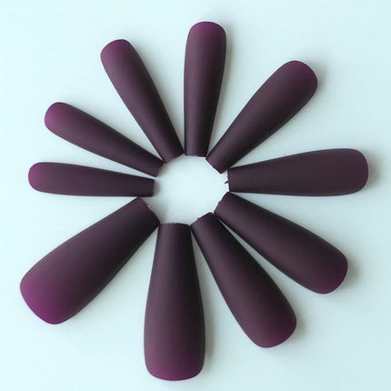 LoveOurHome 100pc Matte Coffin Press on Nails Long Ballerina Fake Nails Full Cover Colored False Artificial Fingernails Manicure Decor 10 Sizes for Women Teen Girls (Dark Magenta)