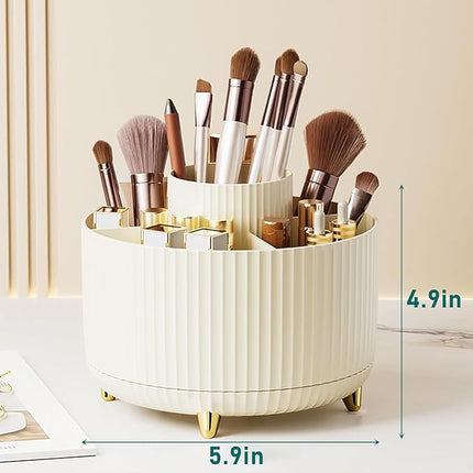 Diesisa Makeup Brush Holder Organizer,360° Rotating Makeup Brush Organizer,5 Slot Make up Brushes Cup for Cosmetics, Nail Polish, Art Supply, Bathroom Vanity Desktop Organizer - Cream