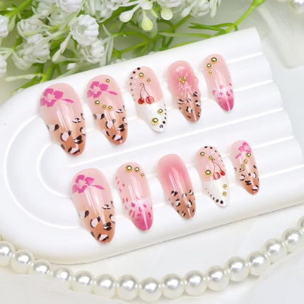 French Tips Press on Nails Almond Medium Fake Nails with 3D Flower Gold Pearl Leopard Fruit Designs Cute Nails Press ons Pink Brown White Acrylic Nail Fall Spring Summer Stick on Nail for Women 24Pcs