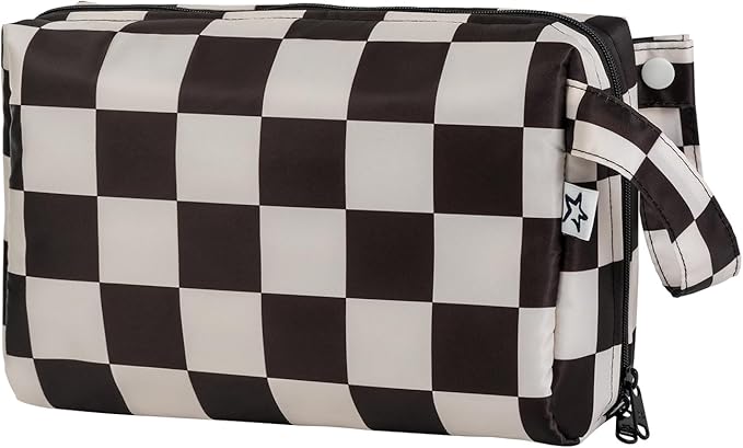 Tiny Twinkle Portable Waterproof Makeup Bag | Travel-Friendly Cosmetic Organizer with Convenient Carry Handle | Spacious Interior, and Secure Zipper Closure (Black Checkers)